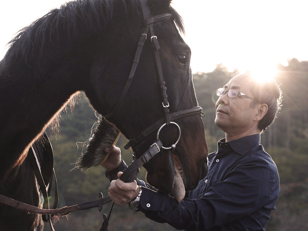 Male wearing blue shirt holds reins of horse in left hand while brushing horse with right hand.