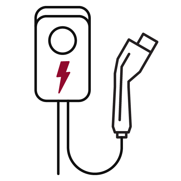 Illustration of vehicle charging cord plugged into installed charger. 