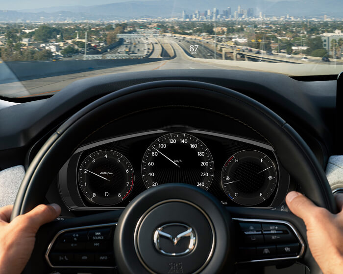 Drivers POV of hands on steering wheel inside a moving vehicle.  