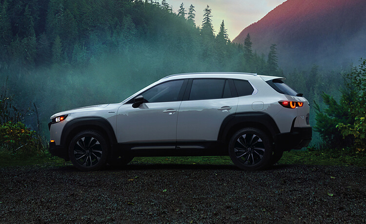 A white Hybrid Electric Vehicle drives alongside trees and mountains in the mist.