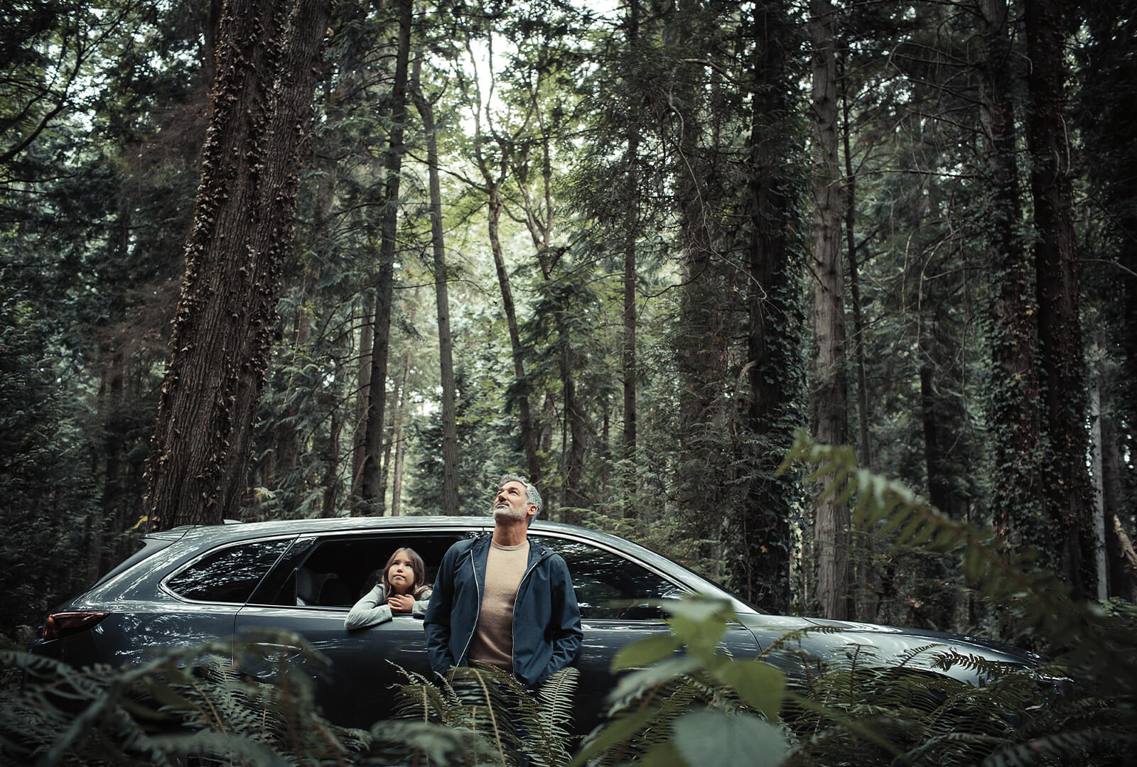 Father and daughter in a forest looking at nature