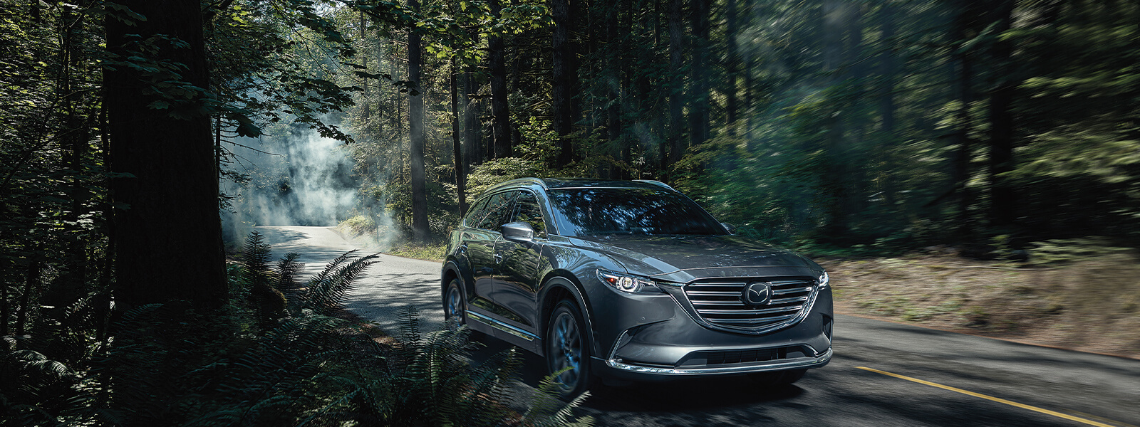 Silver Mazda SUV approaching on road in forest. 