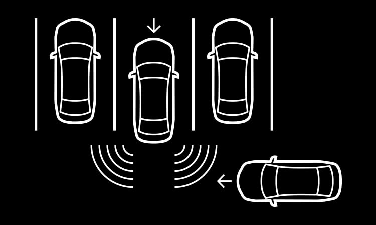 Illustration 3 Mazdas, parked. The centre one backs out and senses oncoming, unseen traffic from beyond the surrounding parked vehicles.