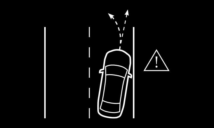 Illustration of Mazda on road veering out its lane, on arrow pointing straight and another toward the center of the lane. A triangle with an ‘!’ signifies warning.