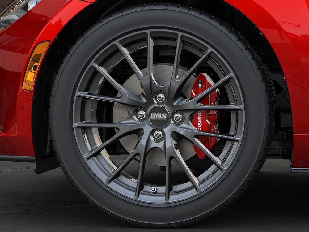 Close-up of a side view of an MX-5 RF wheel. 