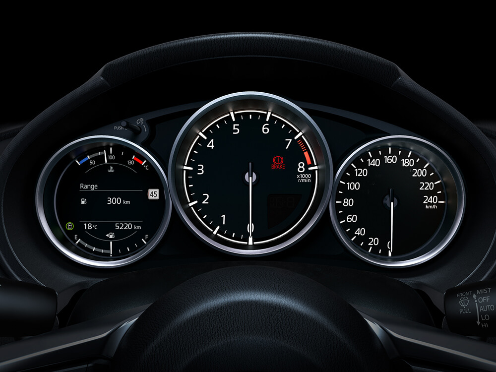 Close-up view of the MX-5 ST dashboard showing speedometer and other gauges.