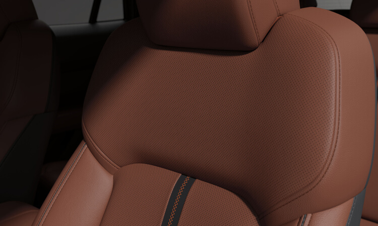 Close-up of terracotta leather backrest with orange stitching. 